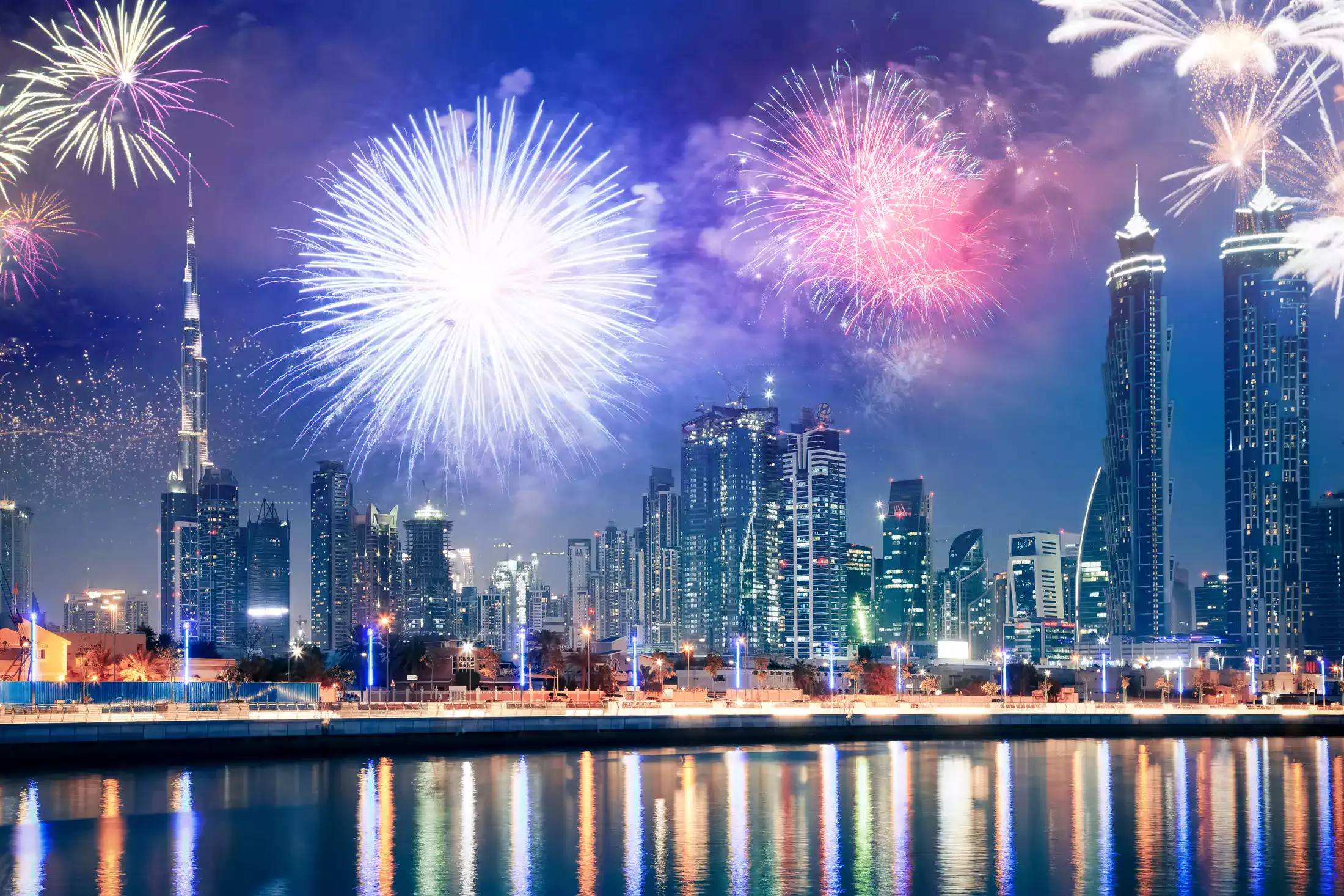 Fireworks around Burj Khalifa in Dubai during new-year’s celebrations