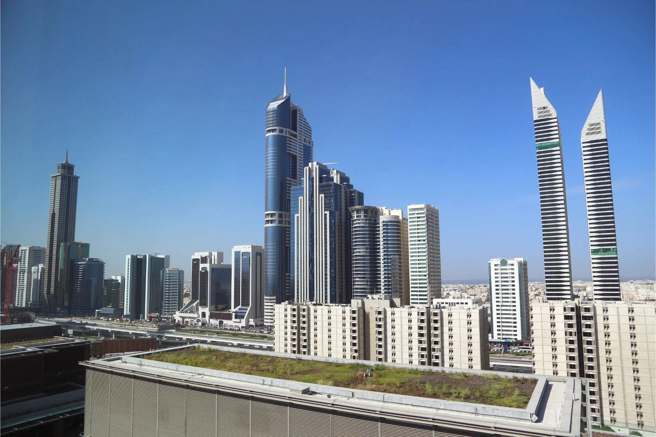 Dubai World Trade Centre district during a sunny bright day